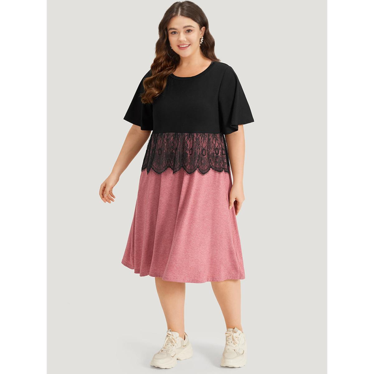 Plus Size Supersoft Essentials Colorblock Contrast Guipure Lace Flutter Sleeve Dress Rouge Women Casual Contrast Round Neck Short sleeve Curvy Midi Dress BloomChic 26/4X Product Image
