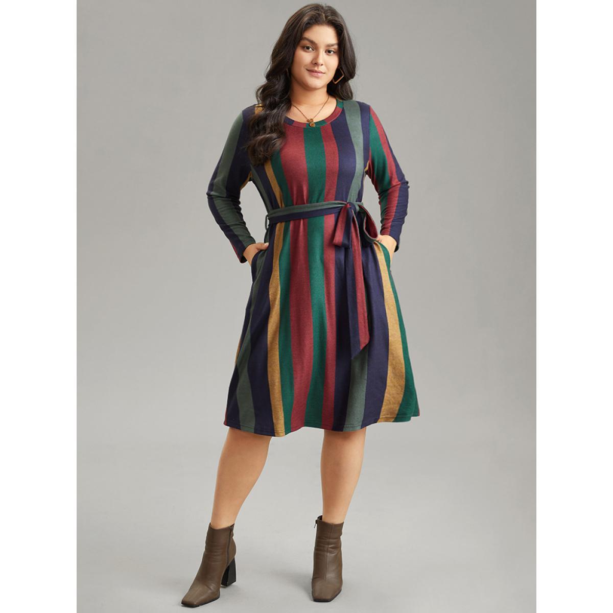 Plus Size Colored Striped Pocket Belted Long Sleeve Dress Multicolor Women Casual Belted Round Neck Long Sleeve Curvy Midi Dress BloomChic 26/4X Product Image