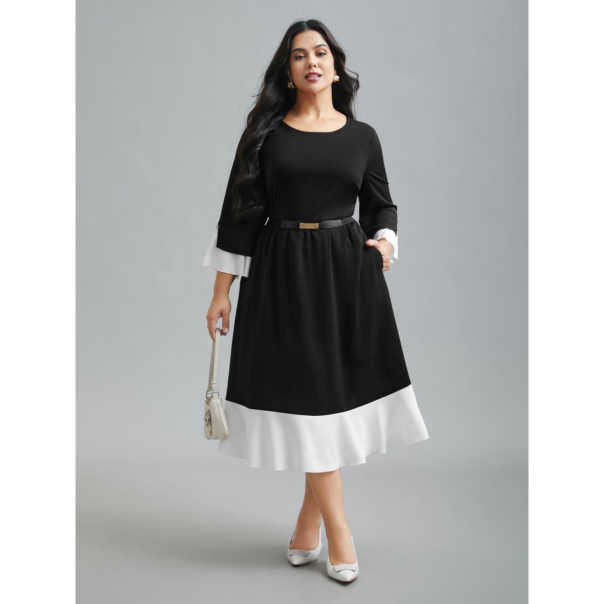 Plus Size Color Contrast Tiered Skirt Pocket Midi Dress Black Women At the Office Contrast Round Neck Elbow-length sleeve Curvy BloomChic 18-20/2X Product Image