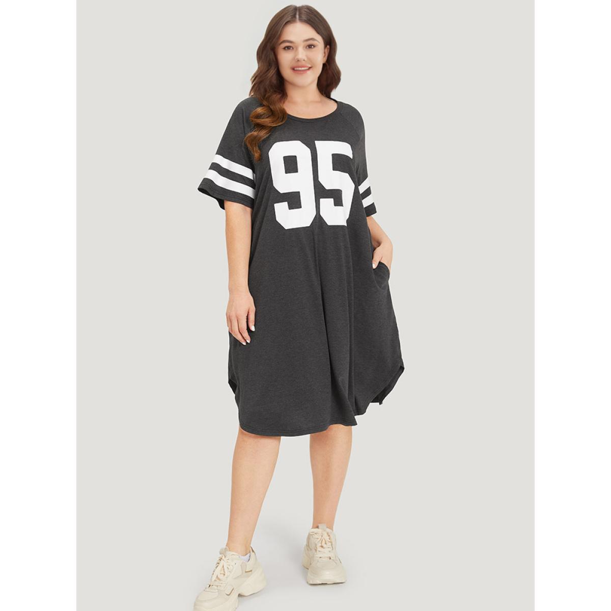 Plus Size Number Print Pocket Curved Hem Dress DimGray Women Casual Plain Curvy Midi Dress BloomChic 26/4X Product Image