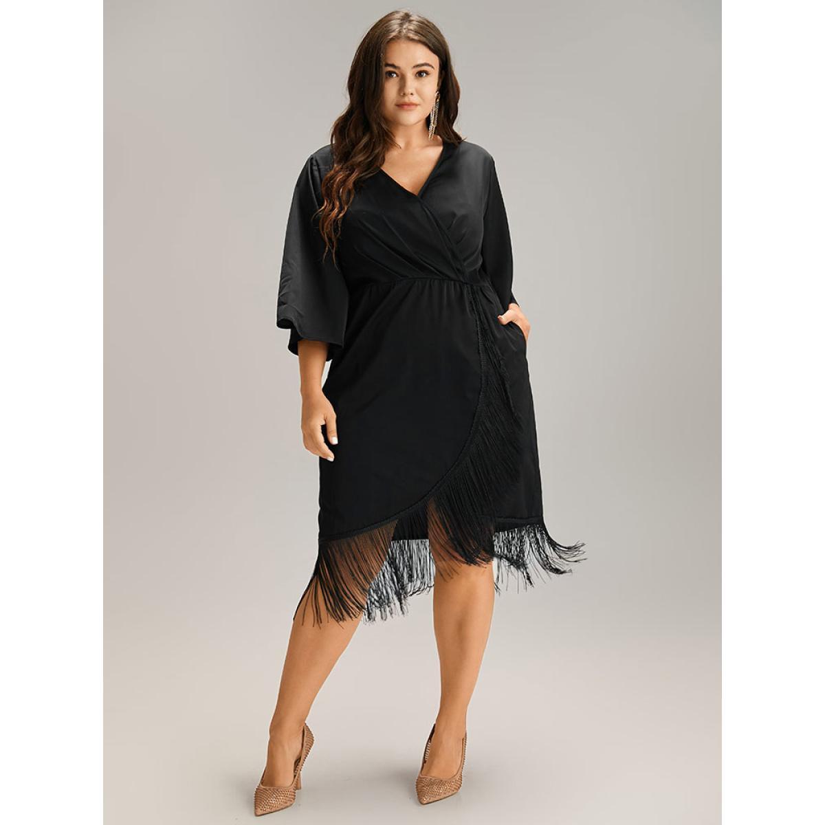 Plus Size Plain Wrap Tassel Trim Pleated Dress Black Women Cocktail Tassels V-neck Elbow-length sleeve Curvy Midi Dress BloomChic 10/M Product Image