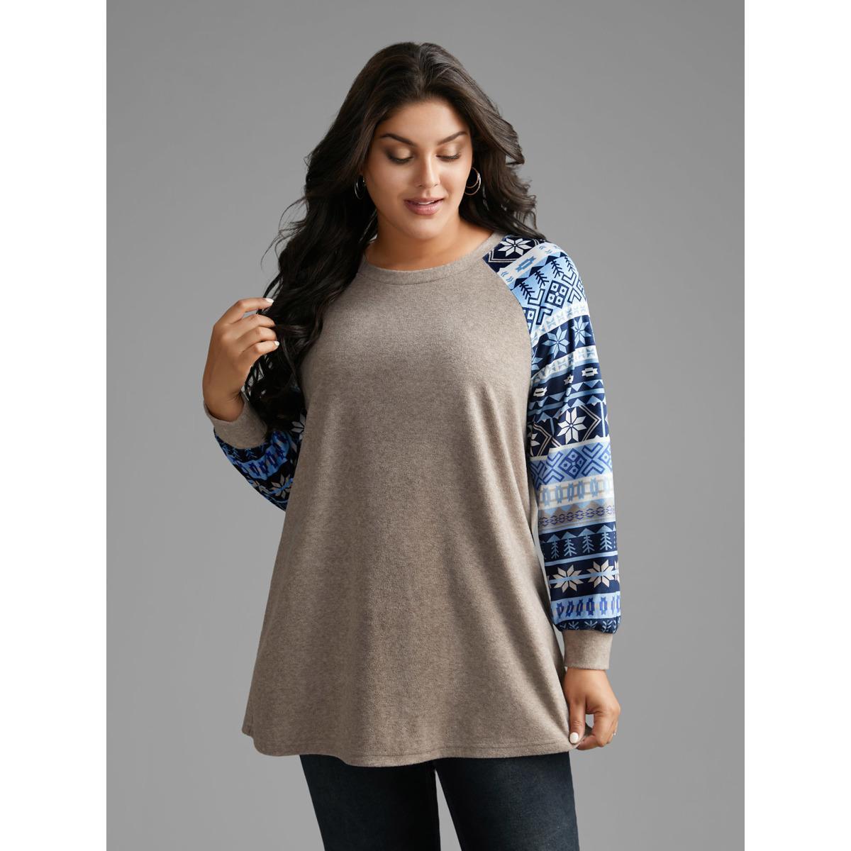 Plus Size Geometric Patchwork Contrast Raglan Sleeve Sweatshirt Women Champagne Casual Contrast Loose Round Neck Everyday Sweatshirts BloomChic 10/M Product Image