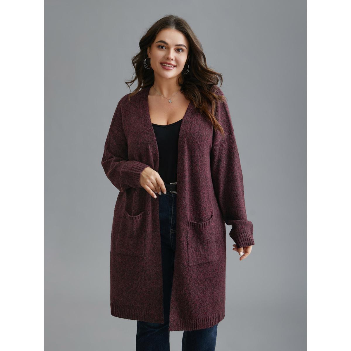 Plus Size Solid Patch Pocket Long Knit Cardigan Deepred Women Casual Loose Long Sleeve Everyday Cardigans BloomChic 12/L Product Image