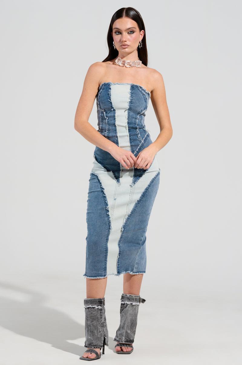 LAYLA DENIM PATCHWORK MIDI DRESS Product Image