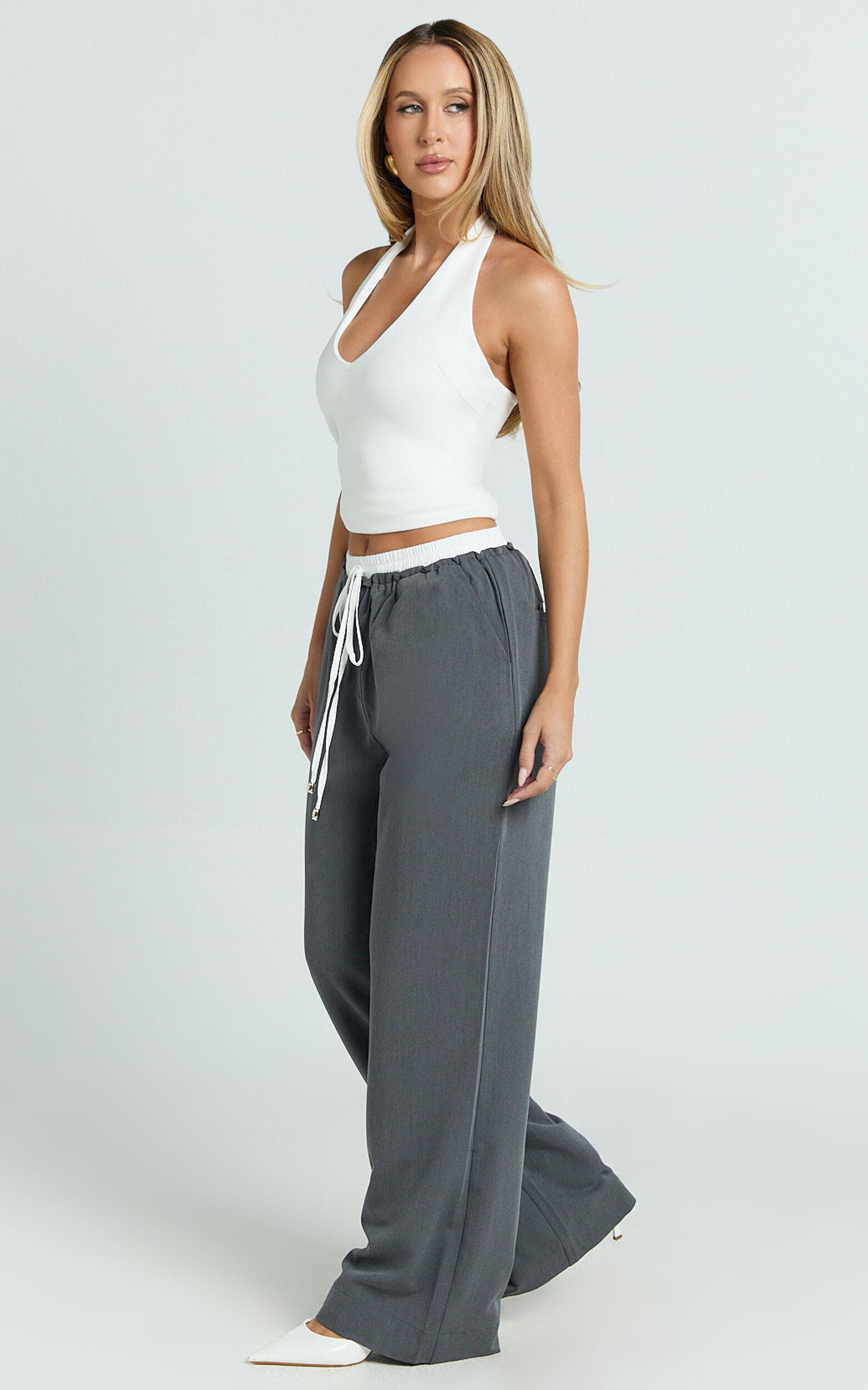 Maliha Pants - Mid Rise Contrast Elasticated Drawstring Wide Leg Tailored Pants in Charcoal Product Image