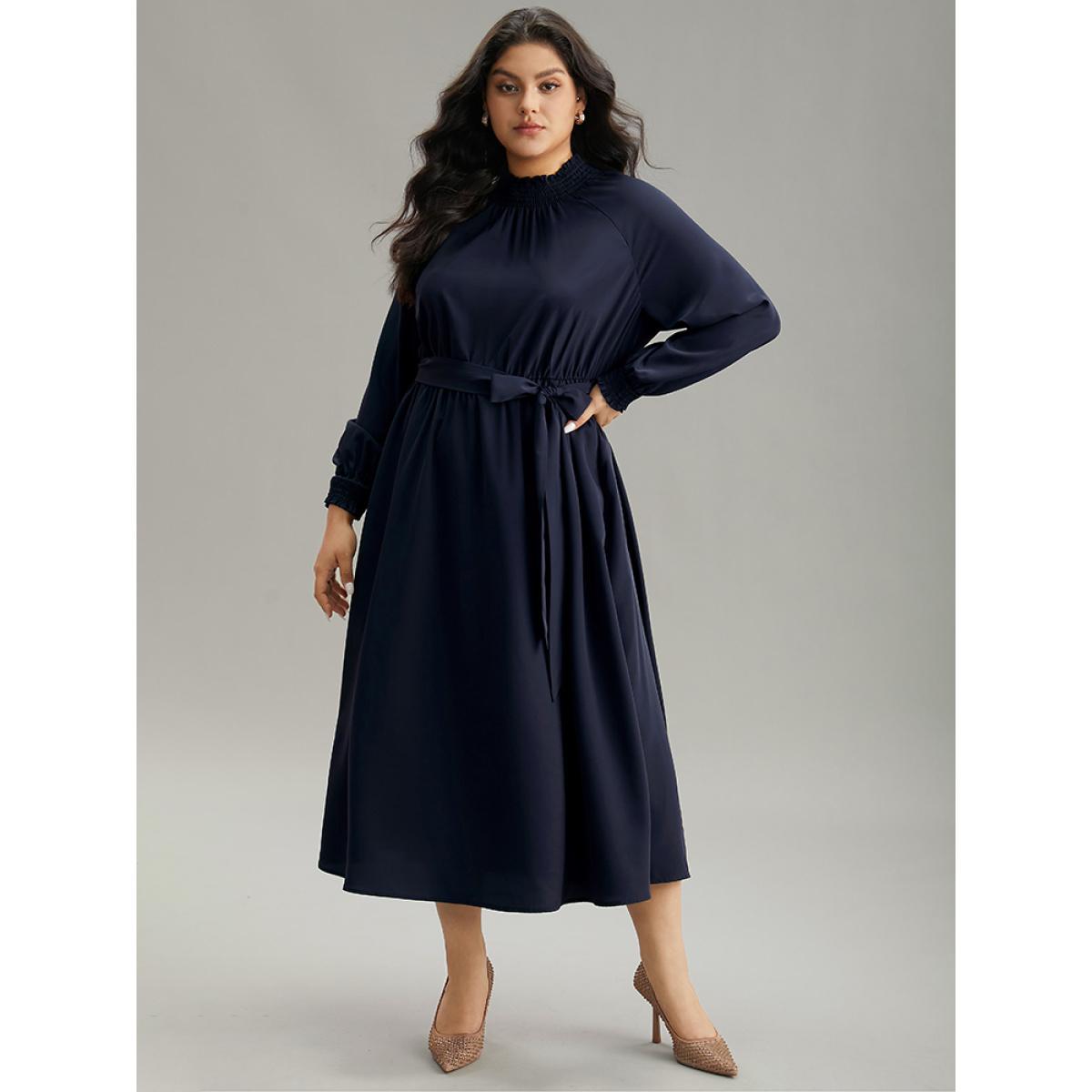 Plus Size Anti-Wrinkle Plain Shirred Mock Neck Belted Dress DarkBlue Women Elegant Elastic cuffs Mock Neck Long Sleeve Curvy Midi Dress BloomChic 18-20/2X Product Image