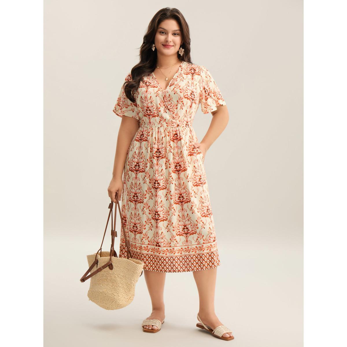 Plus Size Boho Floral Print Pockets Midi Dress Brightorange Women Overlap Collar Short sleeve Curvy BloomChic 26/4X Product Image