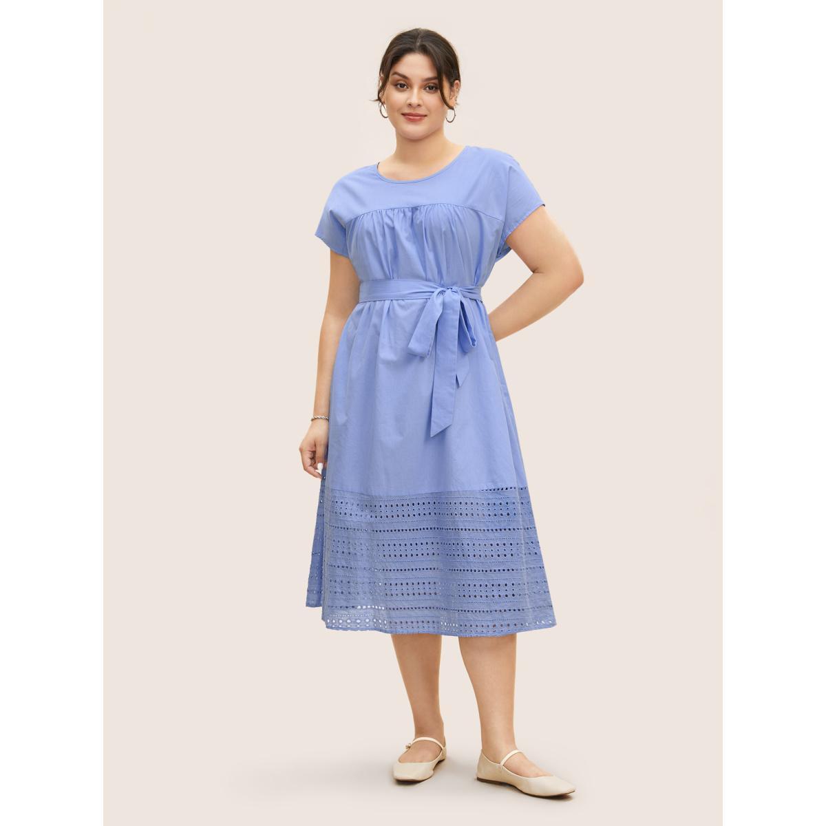 Plus Size Solid Dolman Sleeve Broderie Anglaise Belted Dress Bluepurple Women Casual Woven ribbon&lace trim Round Neck Cap Sleeve Curvy BloomChic 22-24/3X Product Image