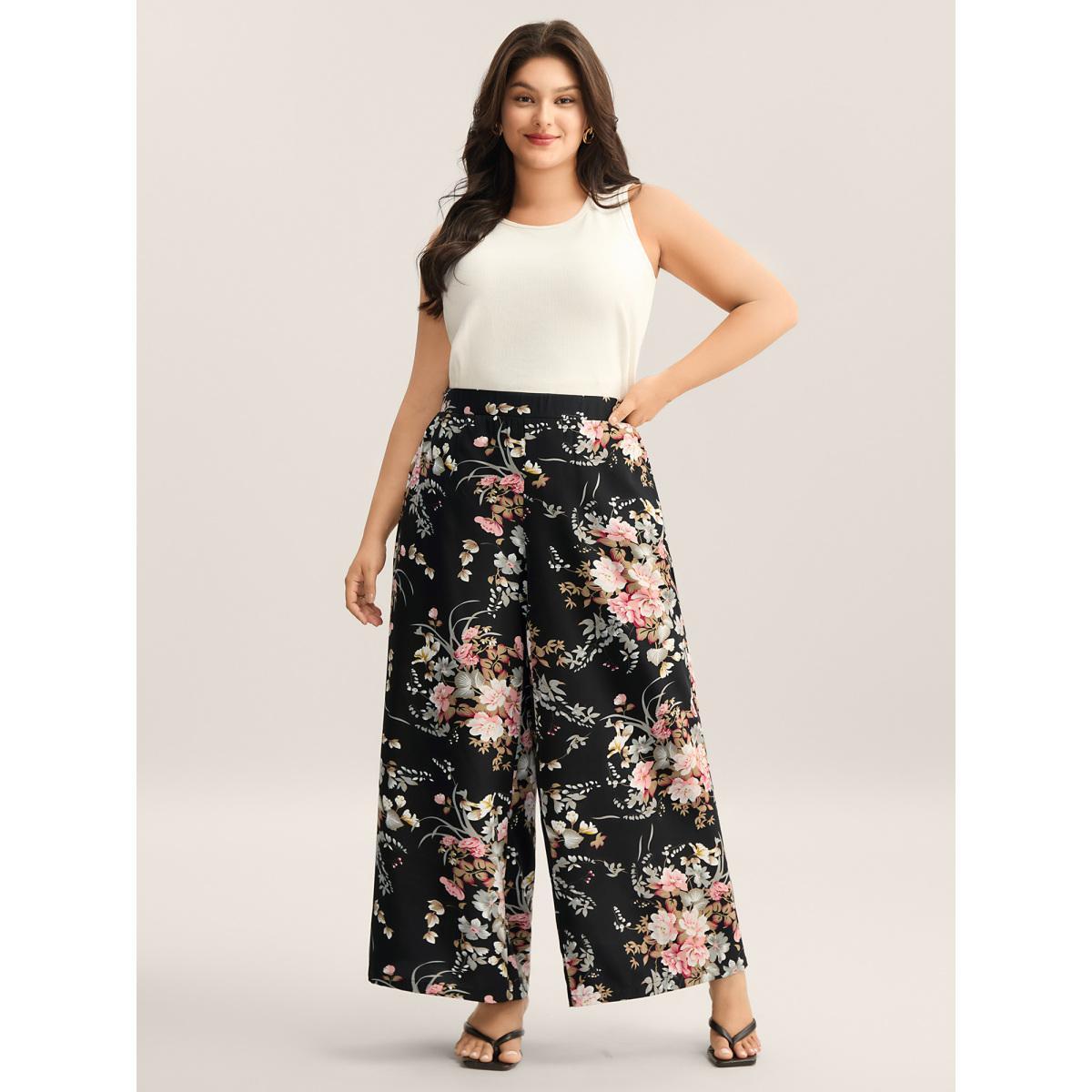 Plus Size Floral Print Pockets Wide-Leg Pants Women BlackFlower Elegant Wide Leg Mid Rise Everyday-Elegant Pants BloomChic 28/5X Product Image