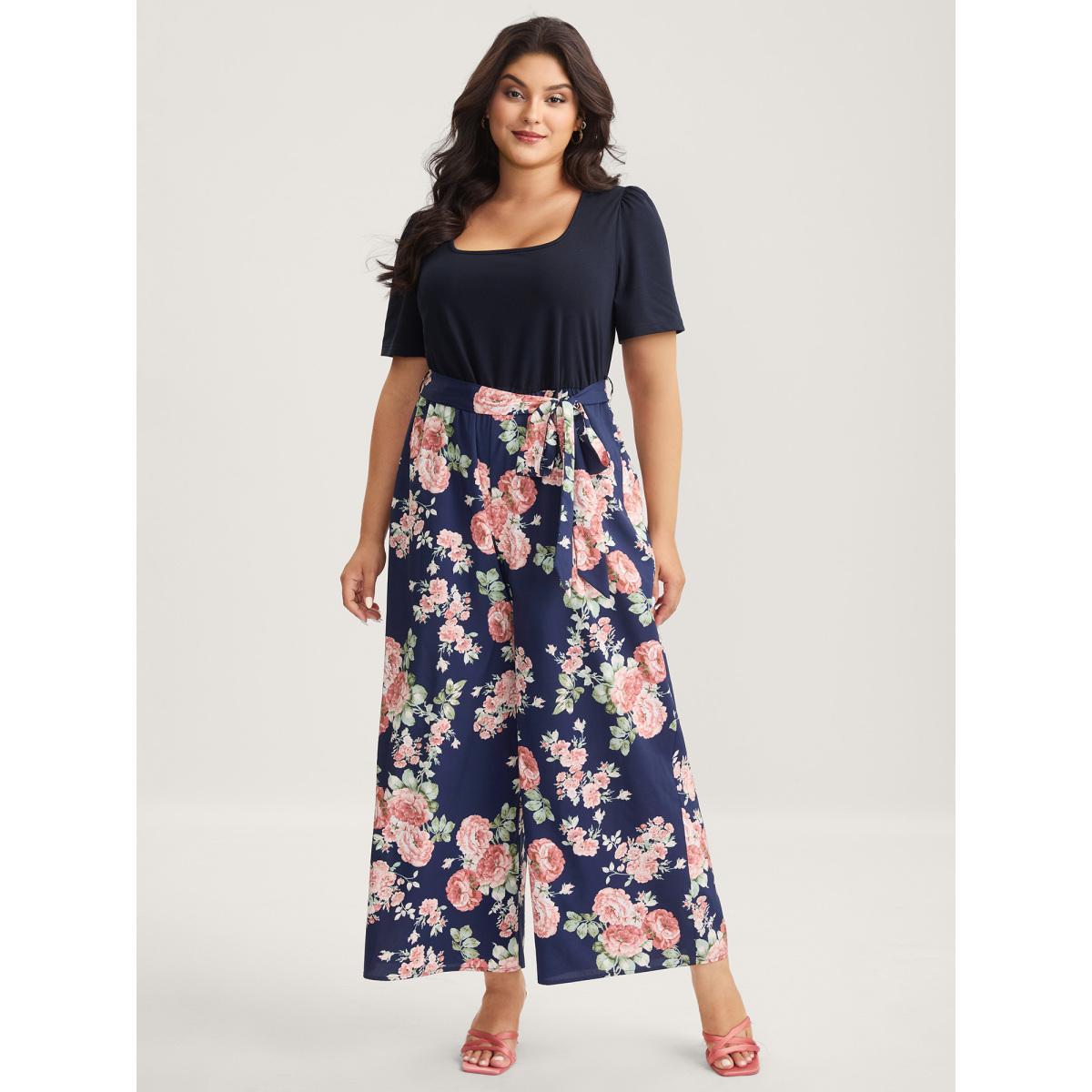 Plus Size Indigo Color Contrast Belted Panel Pockets Jumpsuit Women Elegant Short sleeve Square Neck Everyday-Elegant Loose Jumpsuits BloomChic 28/5X Product Image