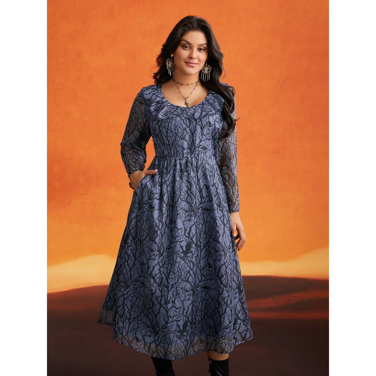 Plus Size Twilight Vines And Ruffle Neckline Midi Dress DimGray Women Cocktail See through Party Curvy Bloomchic 18-20/2X Product Image