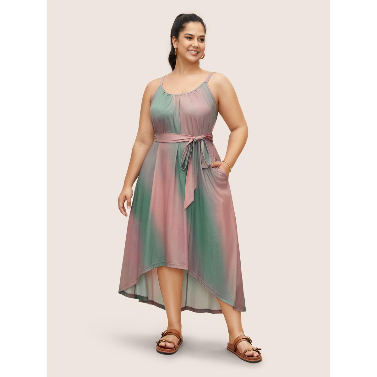 Plus Size Tie Dye Belted High Low Hem Dress Aquamarine Women Casual Belted U-neck Sleeveless Curvy BloomChic 22-24/3X Product Image