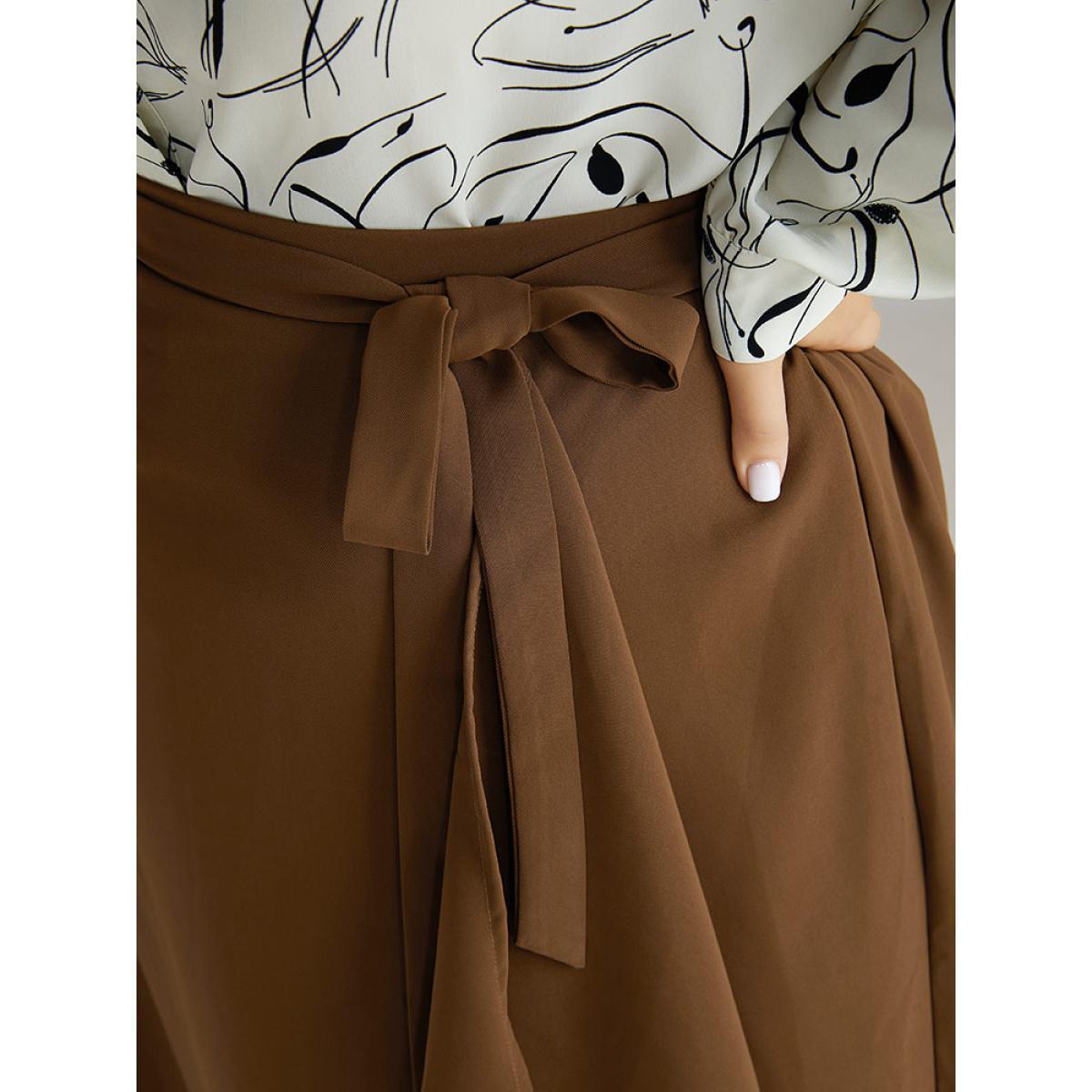 Plus Size Anti-Wrinkle Solid Asymmetrical Hem Ties Skirt Women Tan Office Cross straps Loose No stretch Belt Work Skirts BloomChic 10/M Product Image