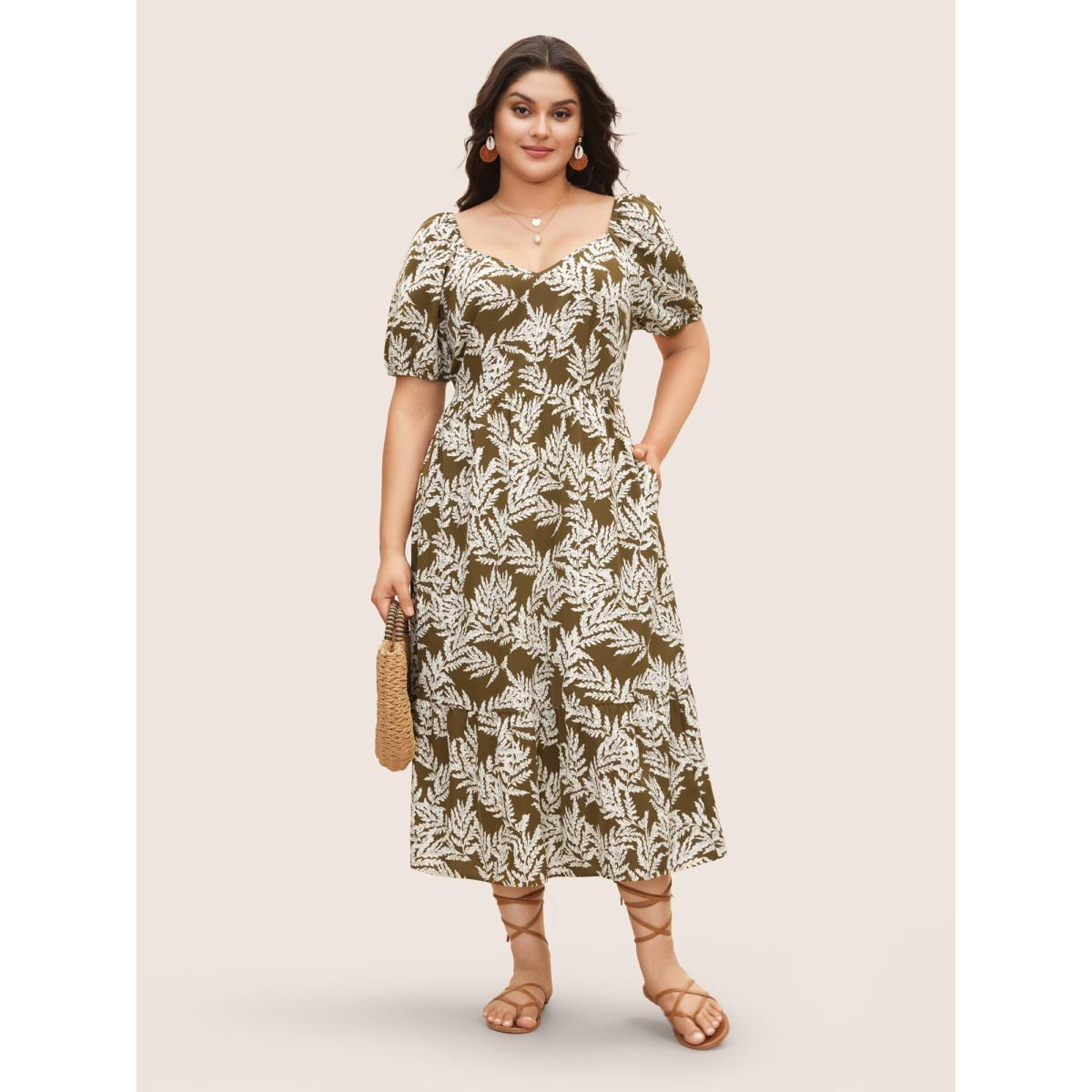 Plus Size Tropical Print Lantern Sleeve Midi Dress LightBrown Women Resort Gathered Heart neckline Short sleeve Curvy BloomChic 30/6X Product Image