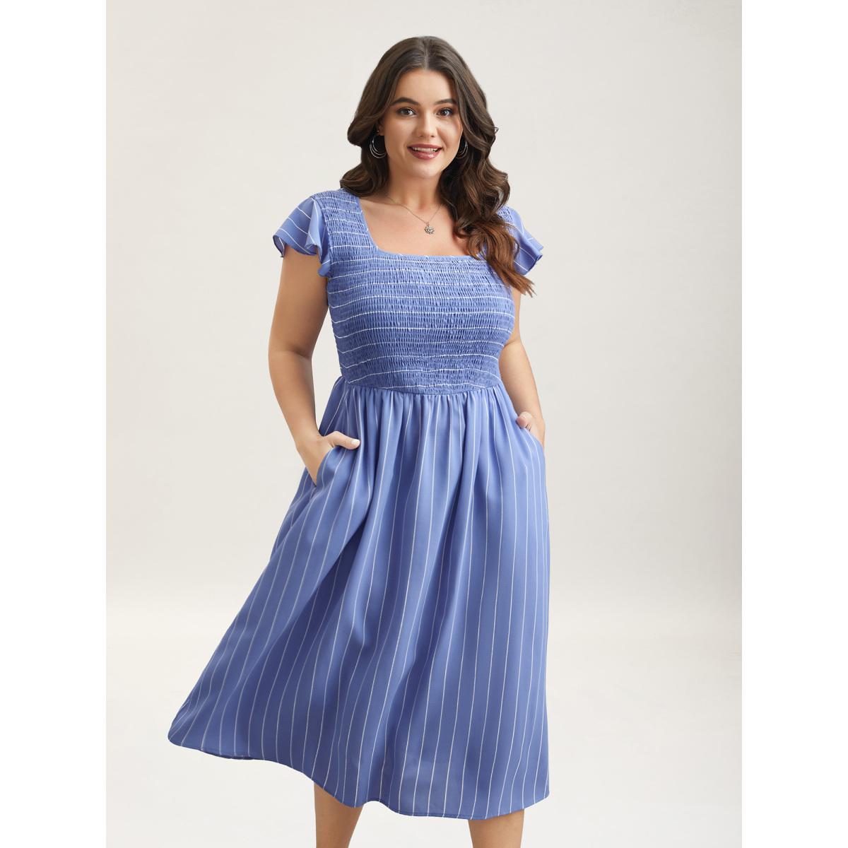 Plus Size Striped Shirred Flutter Sleeve Midi Dress Skyblue Women Casual Shirred Square Neck Cap Sleeve Curvy BloomChic 18-20/2X Product Image