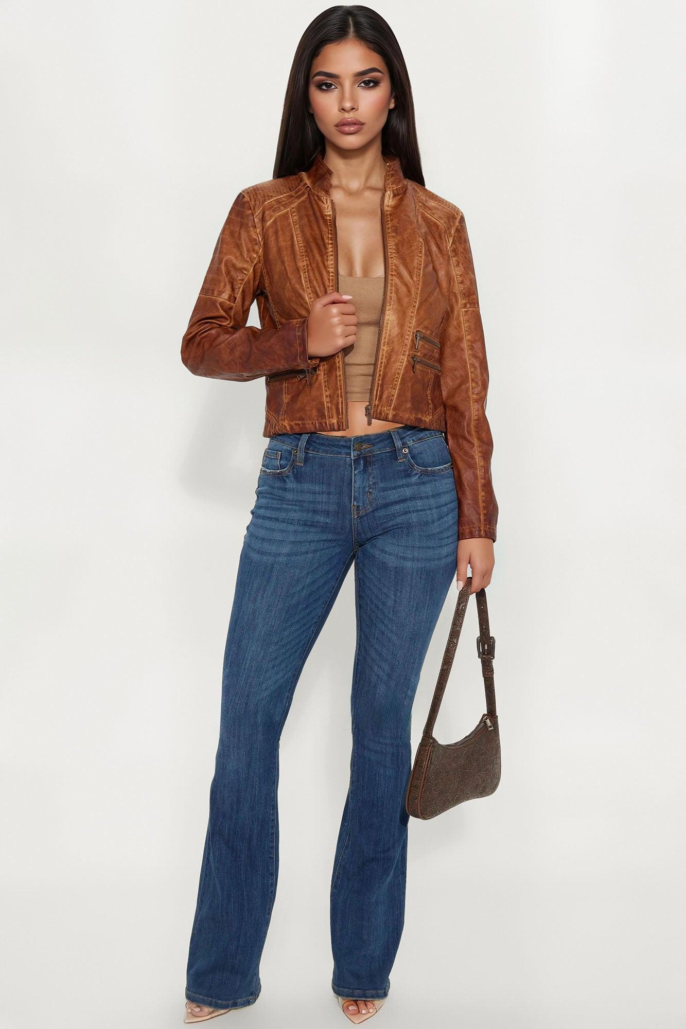 Taking Chances Washed Faux Leather Moto Jacket - Brown Product Image