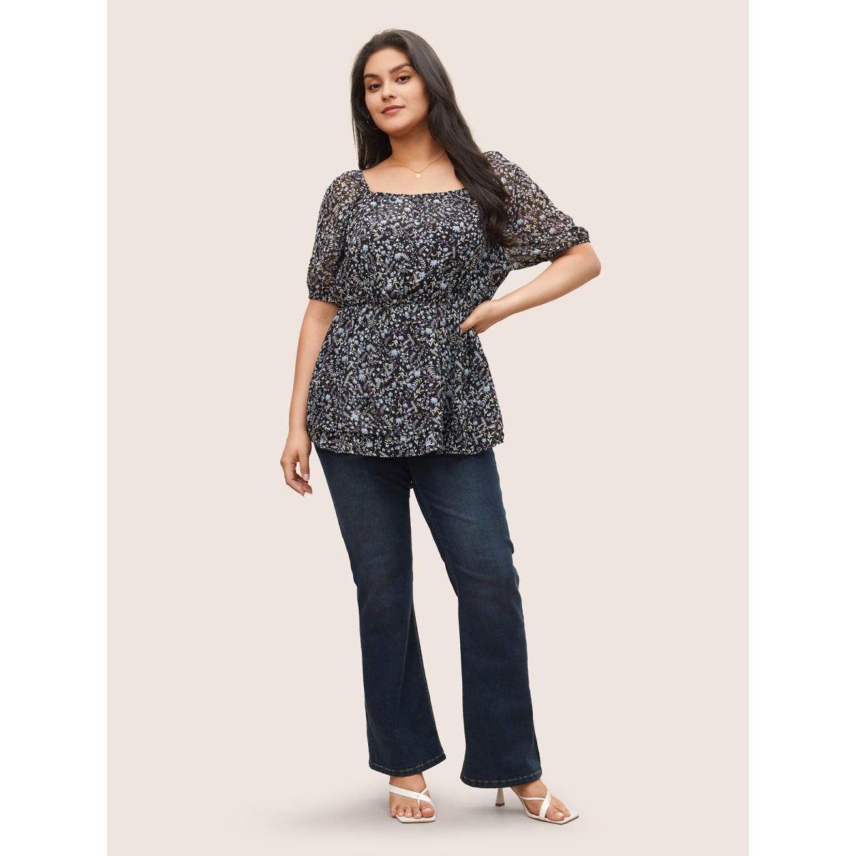 Plus Size Indigo Ditsy Floral Mesh Square Neck Layered Hem Blouse Women Elegant Short sleeve Square Neck Everyday Blouses BloomChic 30/6X Product Image