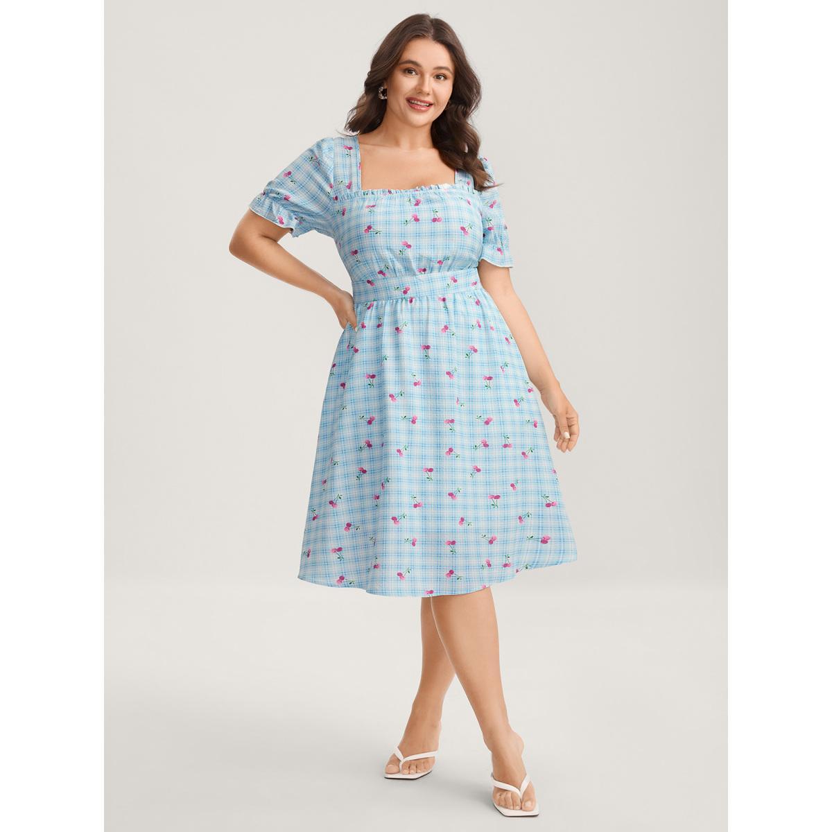 Plus Size Cherry Gingham Print Shirred Midi Dress LightBlue Women Square Neck Short sleeve Curvy BloomChic 18-20/2X Product Image