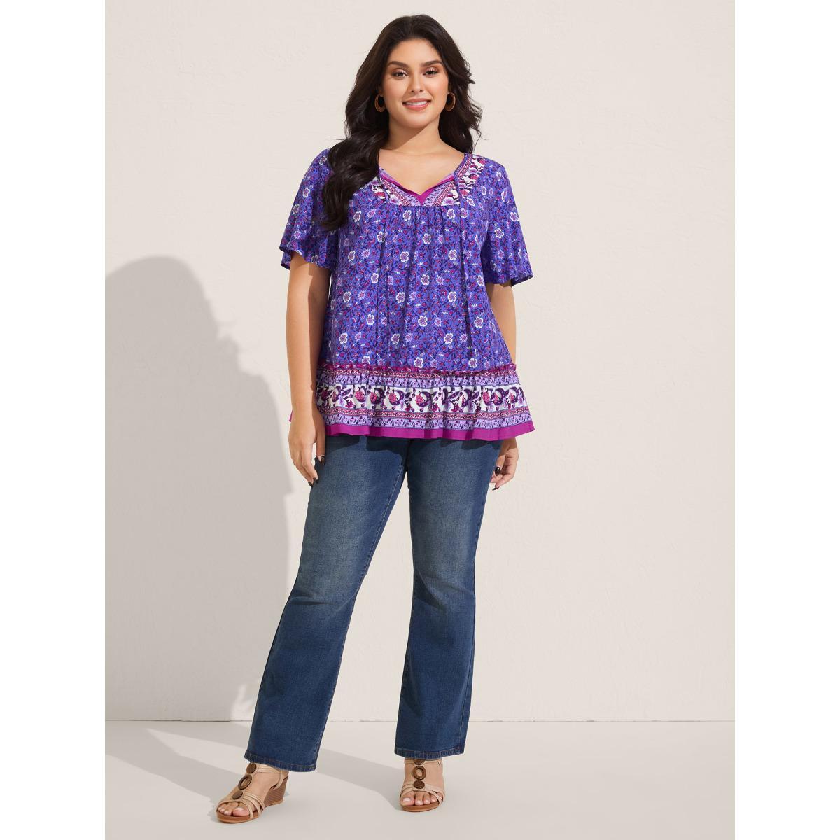 Plus Size BlueViolet Boho Floral Print Neck Tie Blouse Women Short sleeve Notched collar Vacation Blouses BloomChic 14-16/1X Product Image