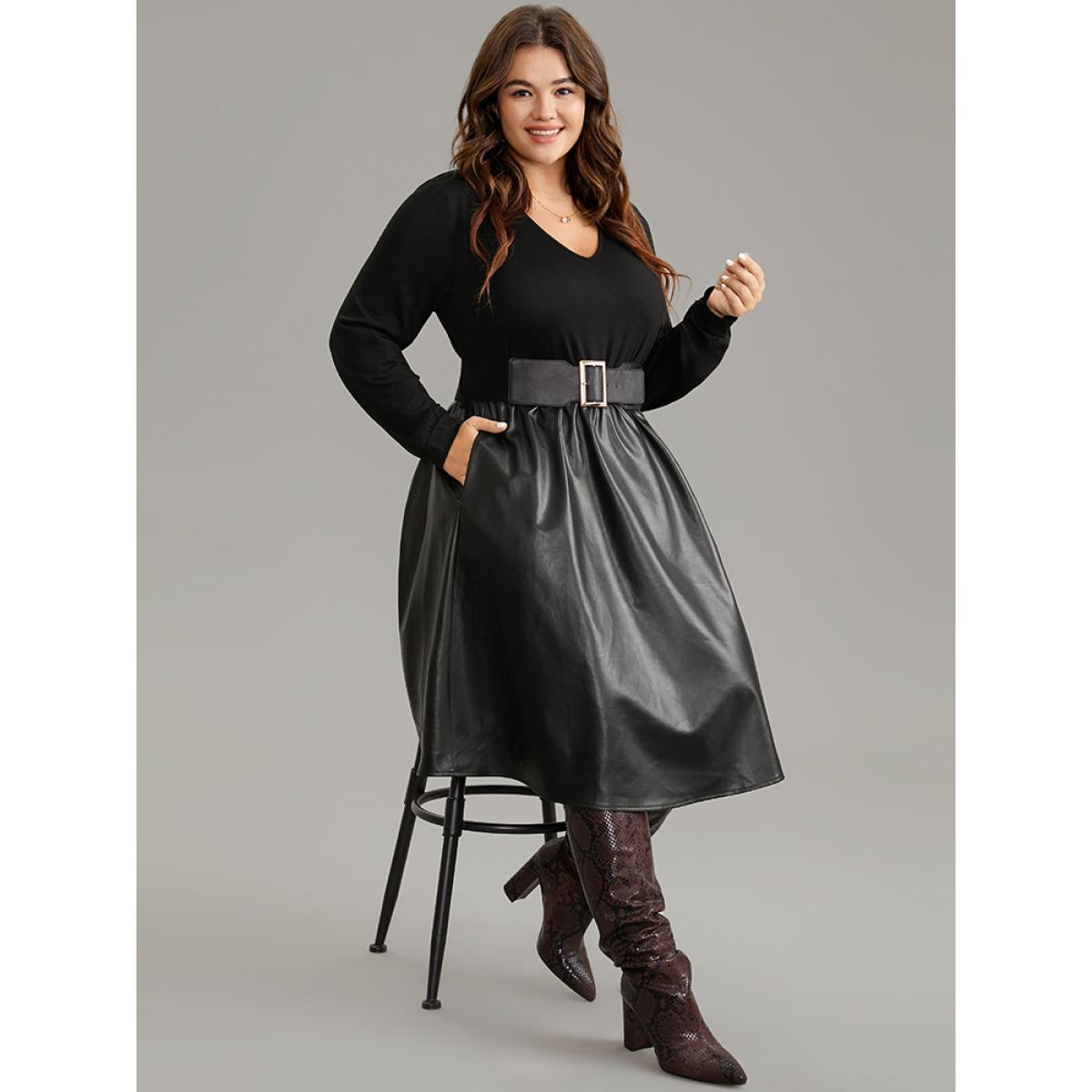 Plus Size PU Patchwork V Neck Dress With Belt Black Women Office Plain V-neck Long Sleeve Curvy Knee Dress BloomChic 12/L Product Image