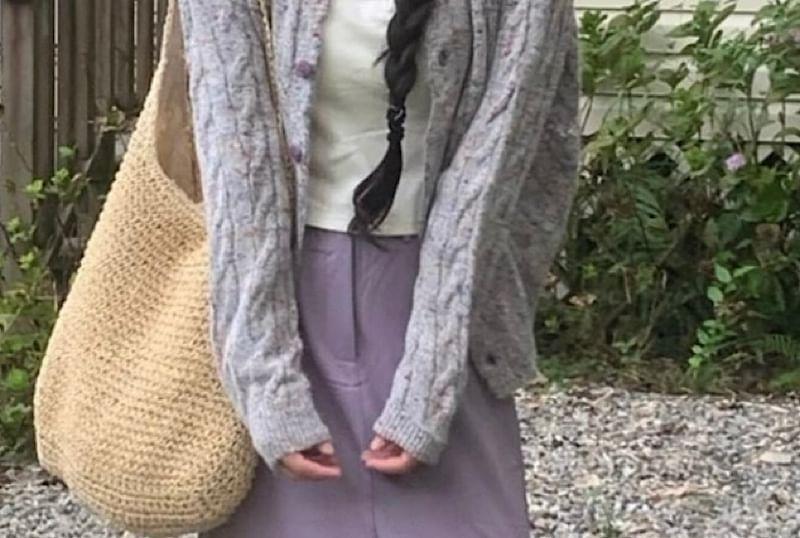 Plain Cable-Knit Cardigan / High Waist Maxi H-Line Skirt Product Image