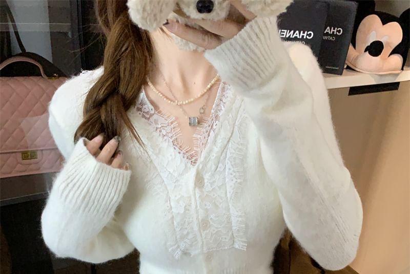 V-Neck Plain Lace Panel Button-Up Cardigan Product Image