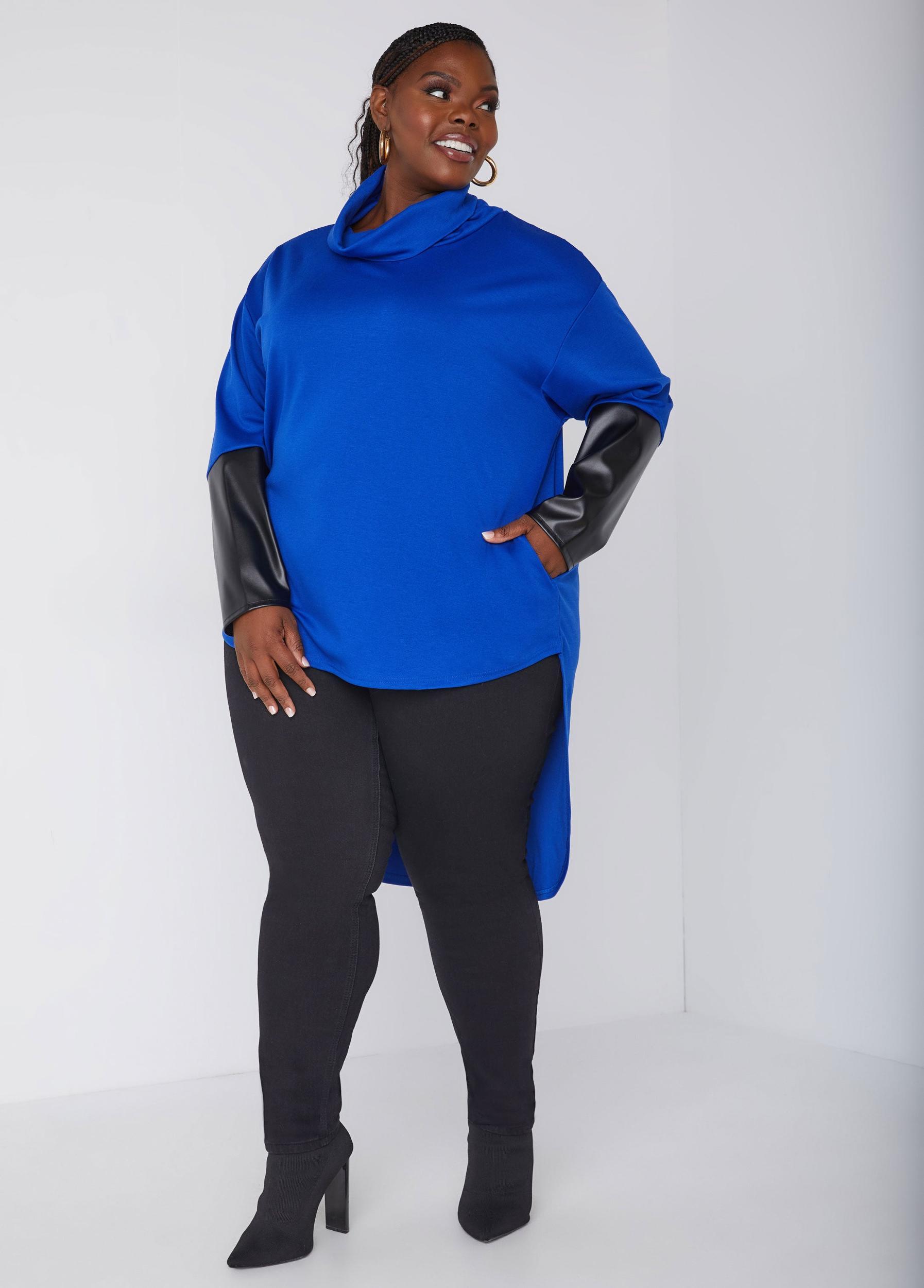 Plus Size Faux Leather Paneled Hi Low Tunic Ashley Stewart Product Image