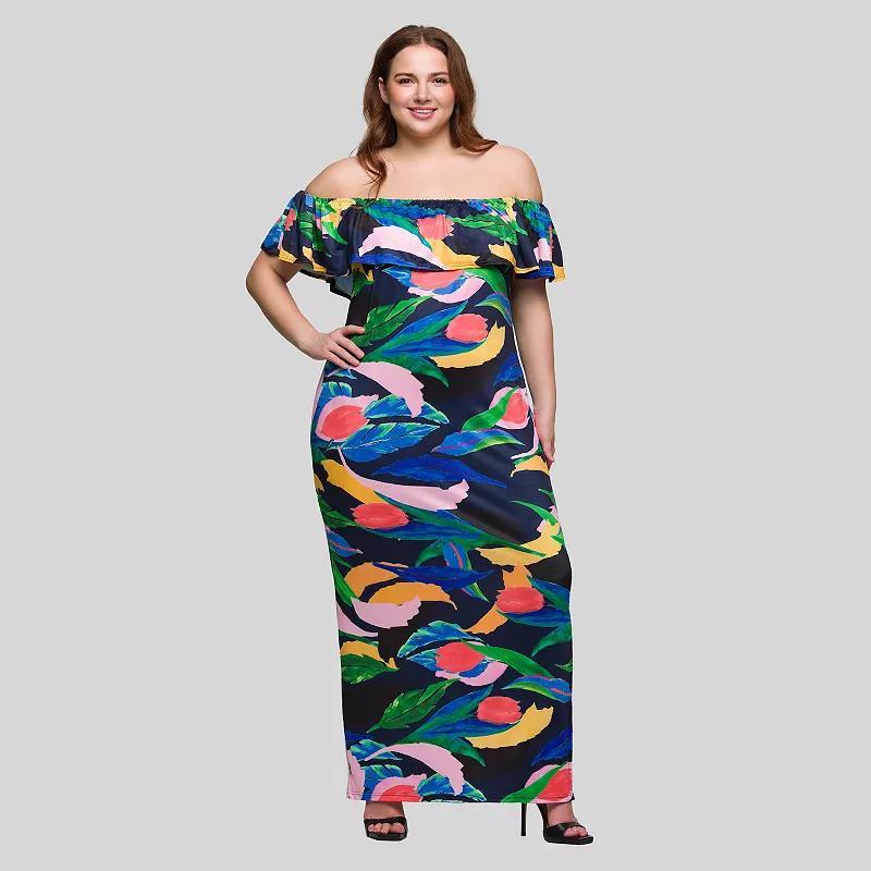 Plus Size 24Seven Comfort Apparel Abstract Off Shoulder Maxi Dress, Women's, Size: 1XL, Green Team Product Image