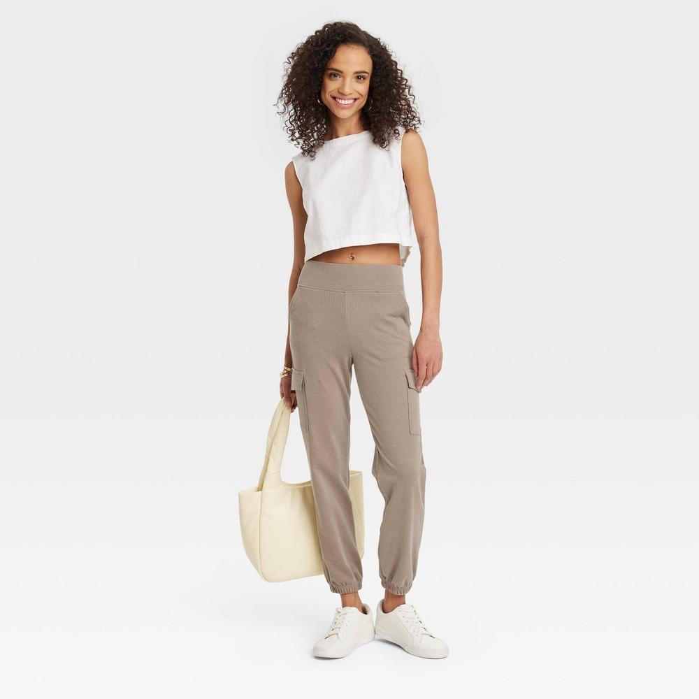 Womens Relaxed Fit Super Soft Cargo Joggers - A New Day Brown L: Mid Rise, Pull-On, Knit Fabric Product Image