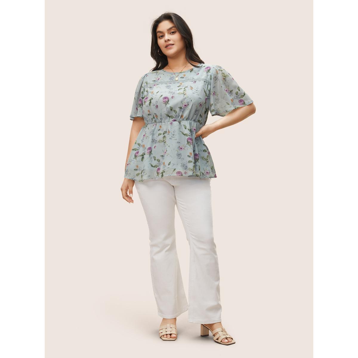Plus Size LightBlue Floral Lace Panel Gathered Mesh Blouse Women Elegant Short sleeve Round Neck Everyday Blouses BloomChic 28/5X Product Image