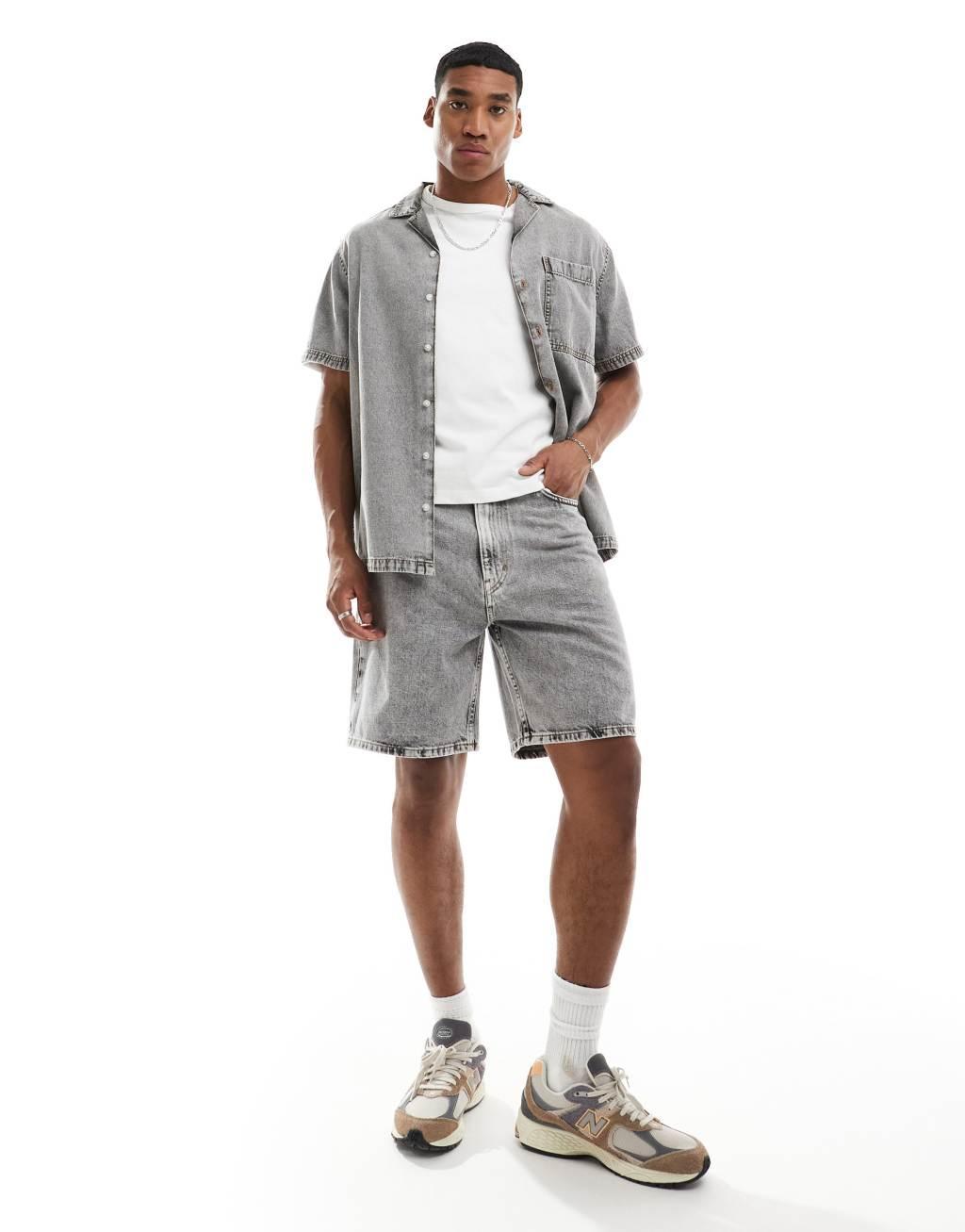 ASOS DESIGN relaxed revere washed denim shirt in gray Product Image