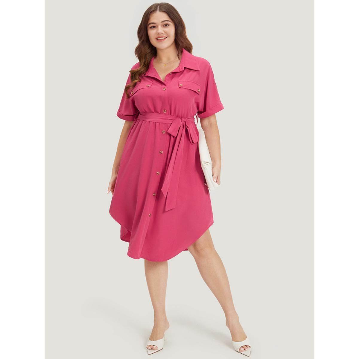 Plus Size Plain Belted Shirt Collar Arc Hem Roll Batwing Sleeve Dress Red Women Office Belted Shirt collar Short sleeve Curvy Knee Dress BloomChic 12/L Product Image