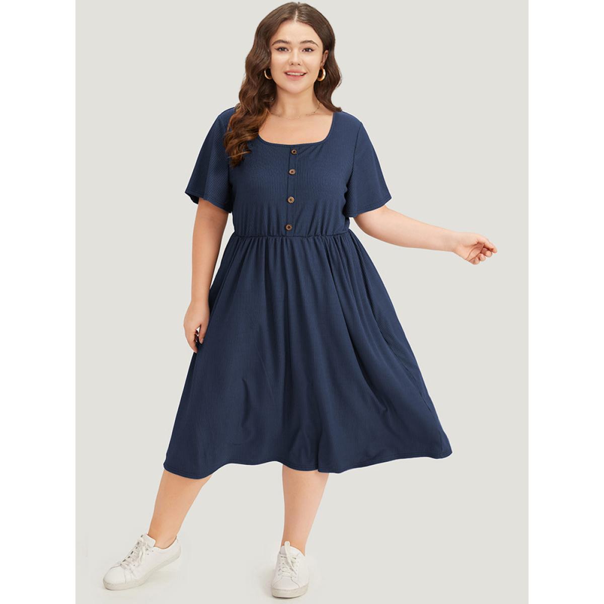 Plus Size Supersoft Essentials Plain Button Detail Ruffle Sleeve Gathered Square Neck Dress Indigo Women Casual Texture Square Neck Short sleeve Curvy Midi Dress BloomChic 12/L Product Image