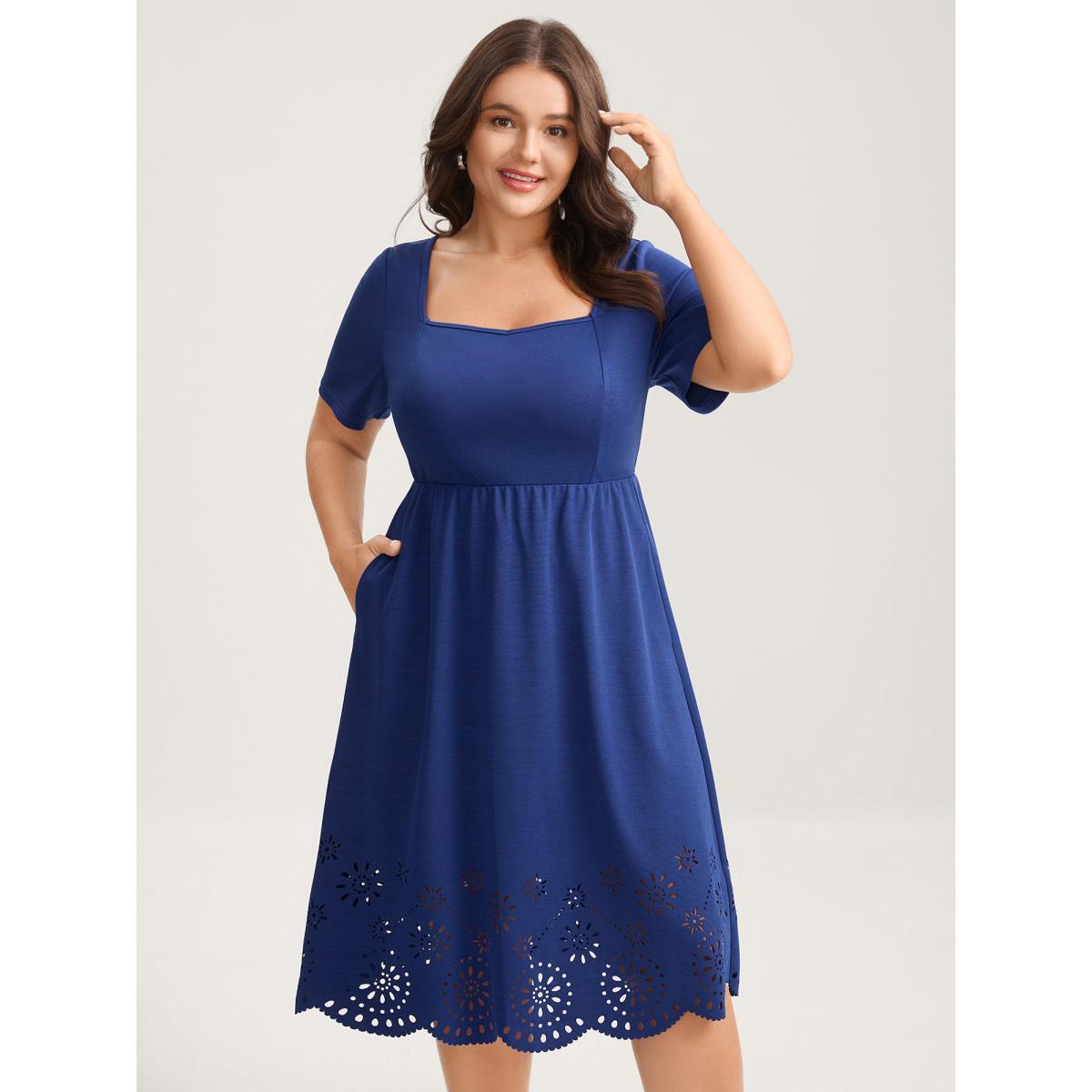 Plus Size Laser Cut Hem Square Neck Midi Dress Navy Women Knit Dresses Bloomchic 28/5X Product Image