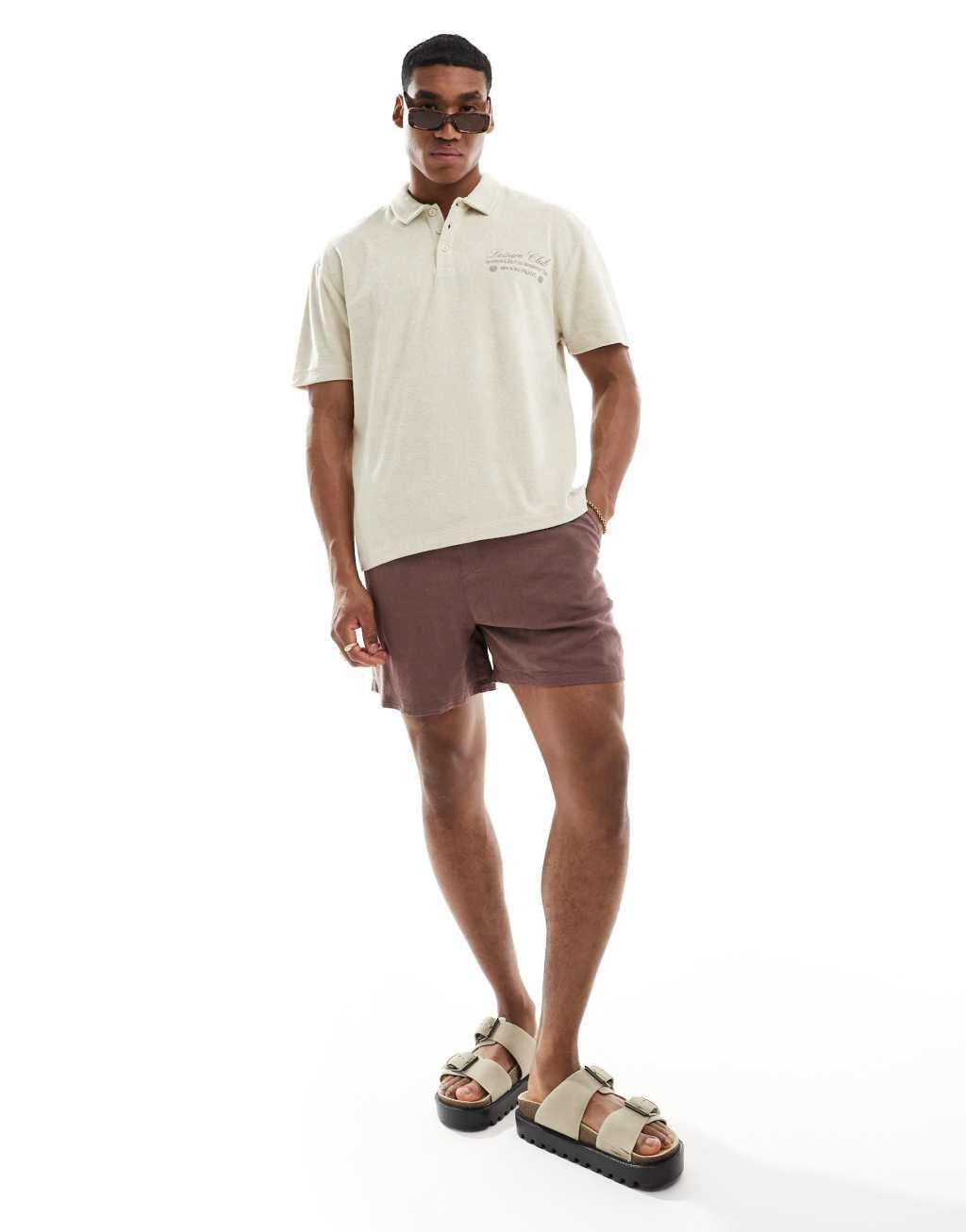 ASOS DESIGN relaxed polo shirt in beige terrycloth with embroidery Product Image