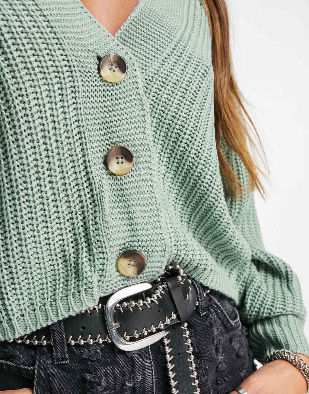 Only ribbed knit button down cardigan in green  Product Image