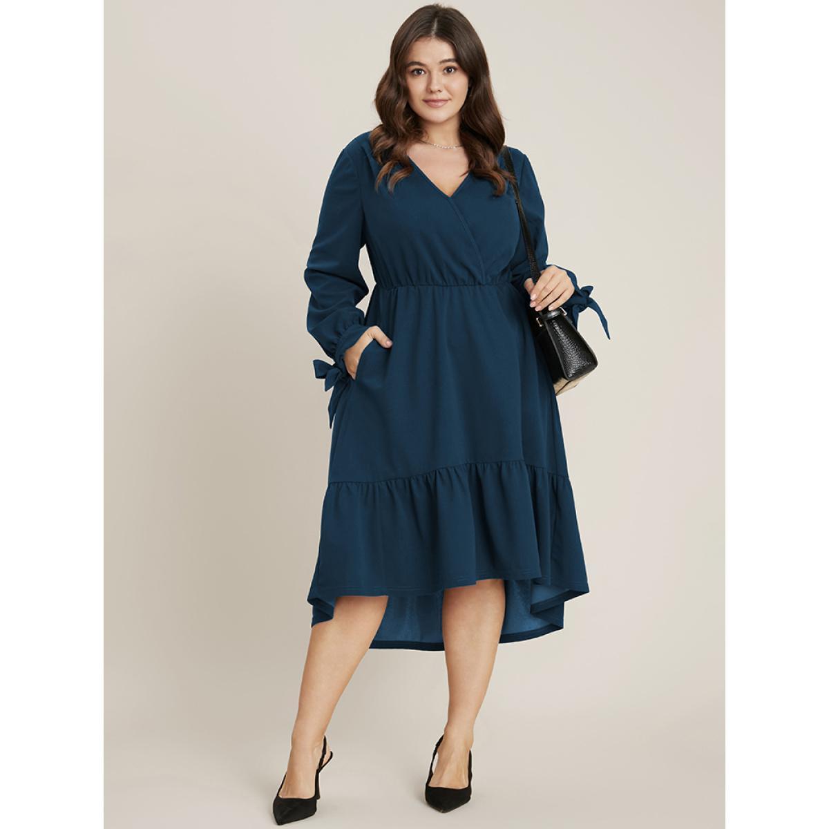 Plus Size Solid Knotted Sleeve Pocket Wrap Ruffle Asymmetrical Hem Dress Aegean Women Office Plain V-neck Long Sleeve Curvy Midi Dress BloomChic 28/5X Product Image