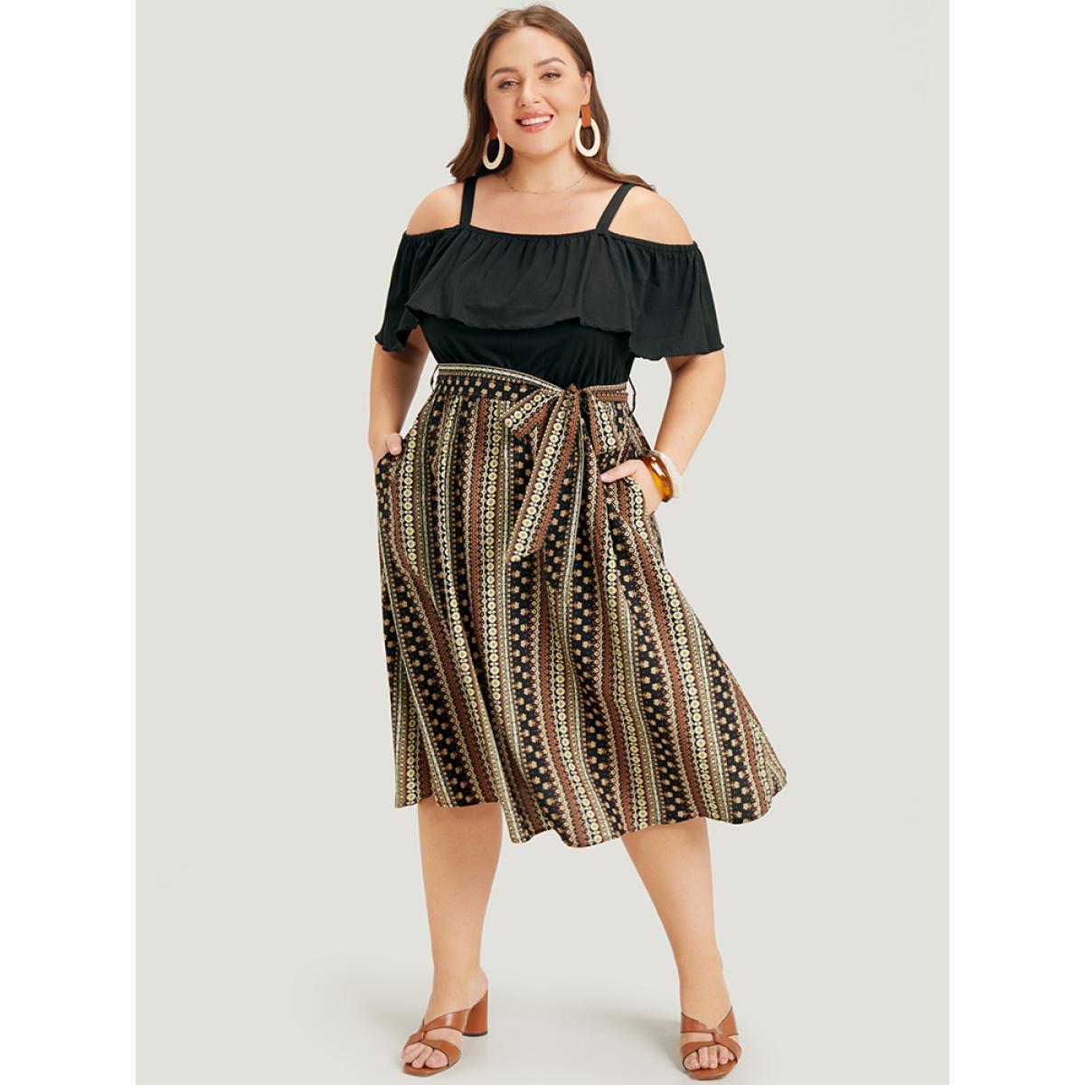 Plus Size Bandana Patchwork Flutter Pocket Belt Cold Shoulder Dress DarkBrown Women Vacation Adjustable Straps Spaghetti Strap Short sleeve Curvy Midi Dress BloomChic 22-24/3X Product Image