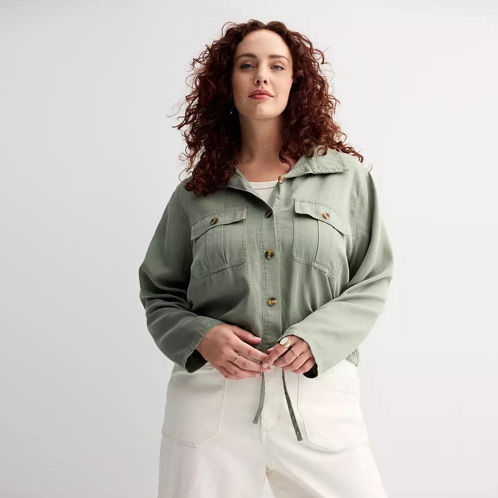 Plus Size Sonoma Goods For Life® Cropped Summer Button Front Jacket, Women's, Size: 0X, Madri Green Product Image