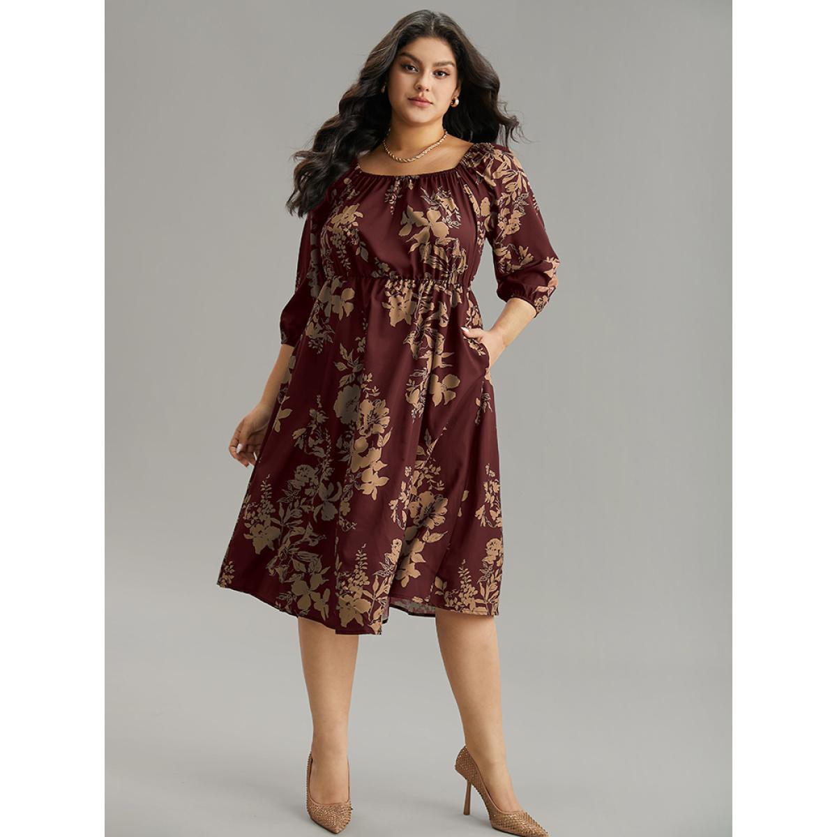 Plus Size Silhouette Floral Print Elastic Cuffs Dress Scarlet Women Elegant Elastic cuffs Square Neck Elbow-length sleeve Curvy Midi Dress BloomChic 28/5X Product Image