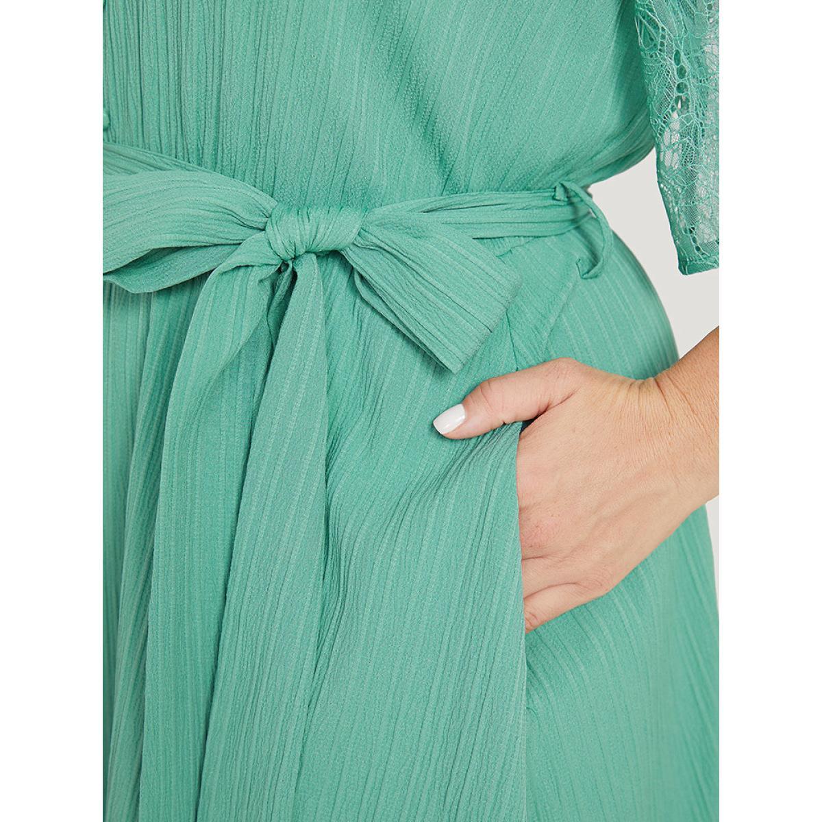 Plus Size Plain Pocket Lace Raglan Sleeve Ruffle Belted Plisse Dress Mint Women Office Plain V-neck Short sleeve Curvy Midi Dress BloomChic 30/6X Product Image