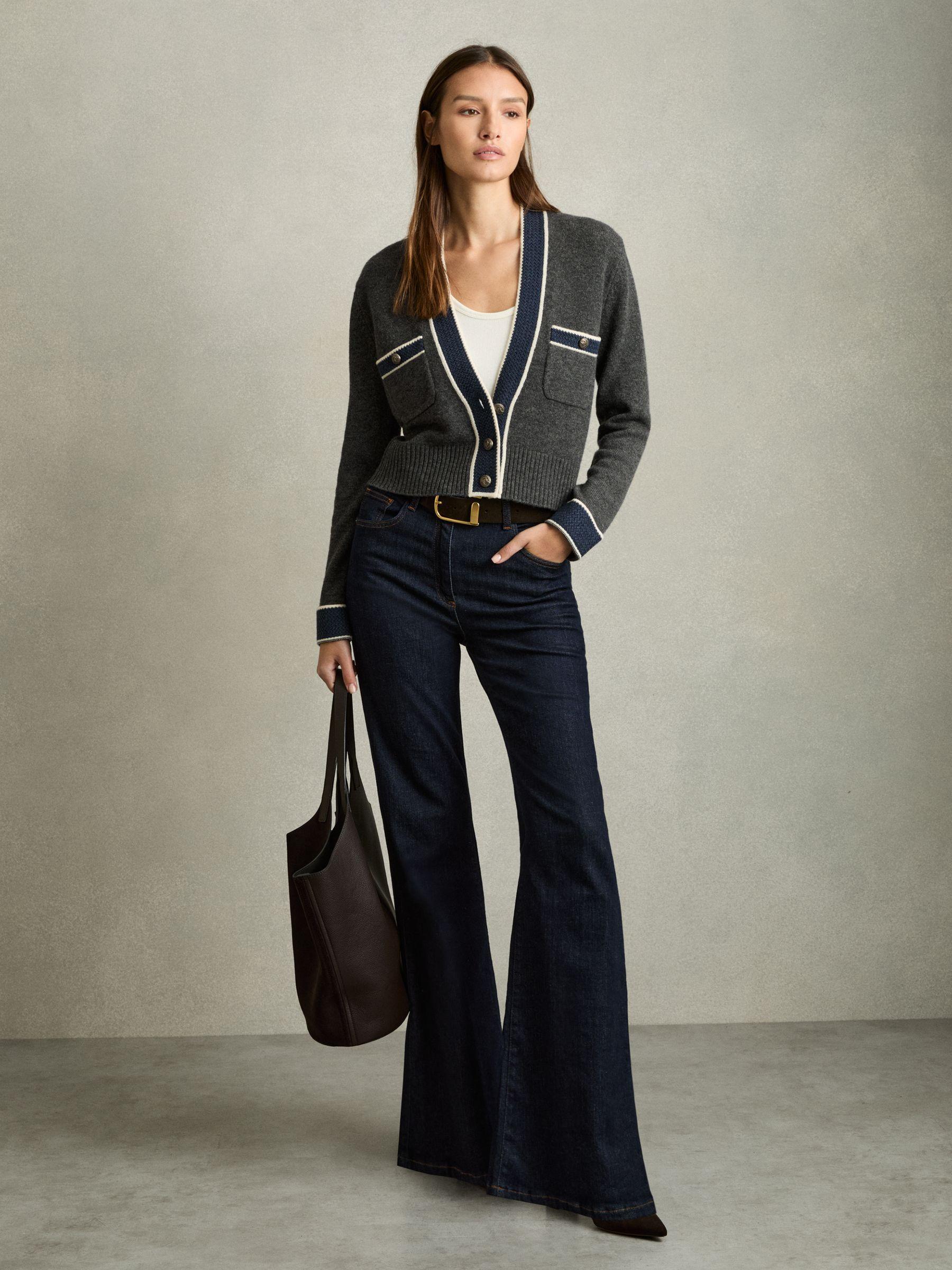 Wool-Cashmere Tipped V-Neck Cardigan in Charcoal Product Image