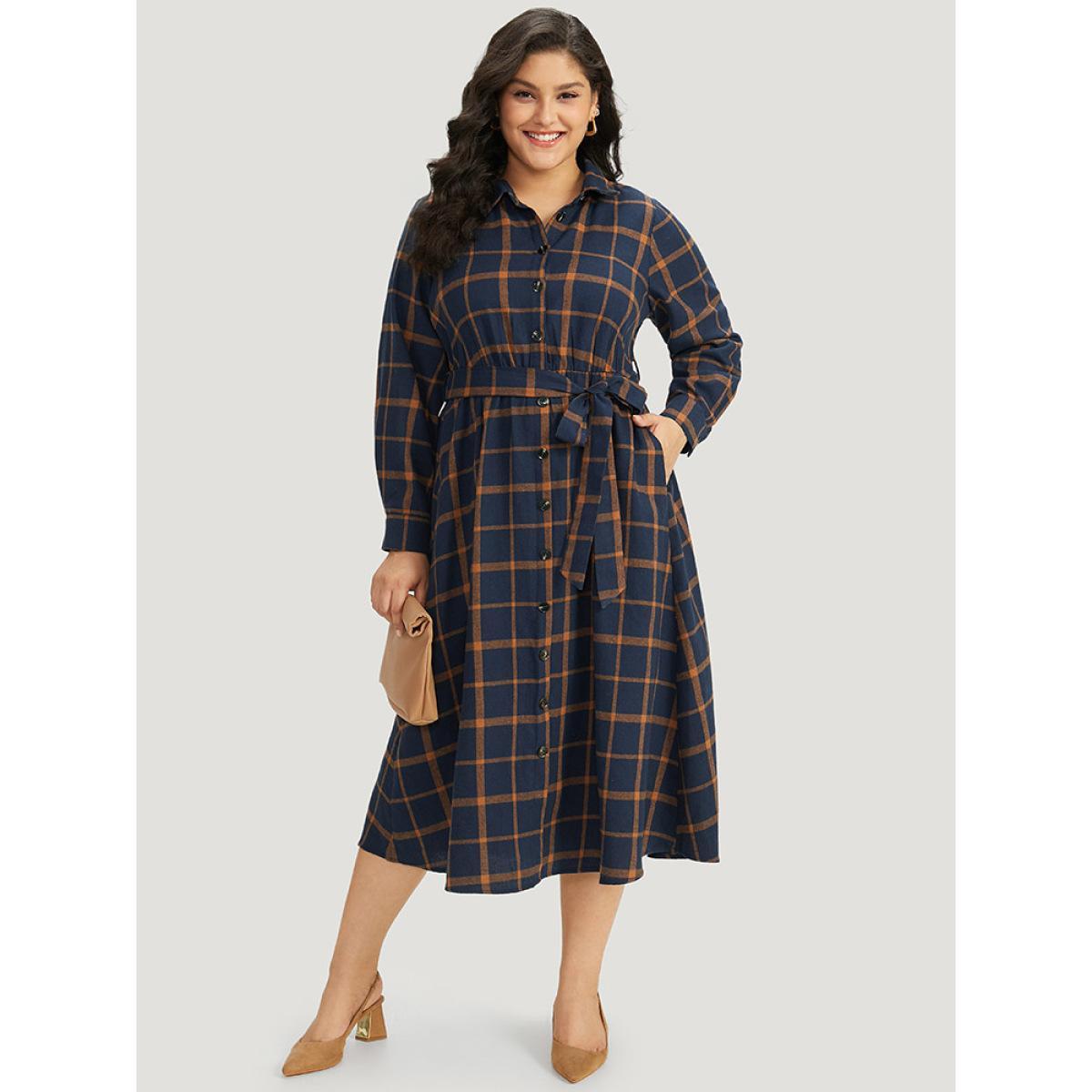 Plus Size Plaid Shirt Collar Button Fly Belted Dress Navy Women Office Belted Shirt collar Long Sleeve Curvy Midi Dress BloomChic 18-20/2X Product Image