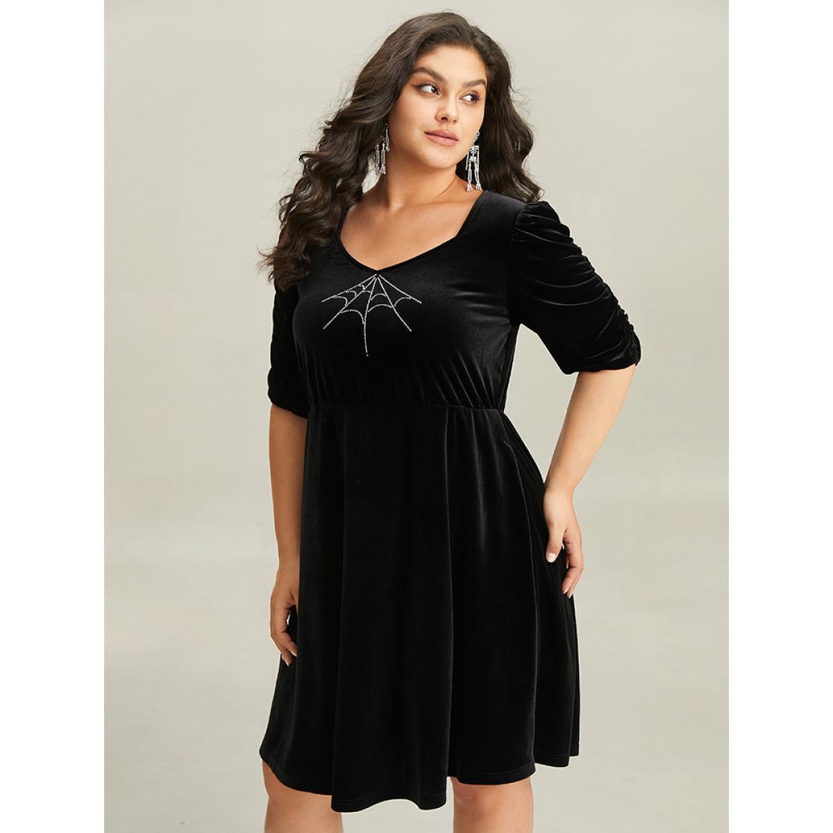 Plus Size Halloween Velvet Rhinestone Pocket Dress Black Women Elegant Rhinestone detailing Square Neck Half Sleeve Curvy Knee Dress BloomChic 30/6X Product Image