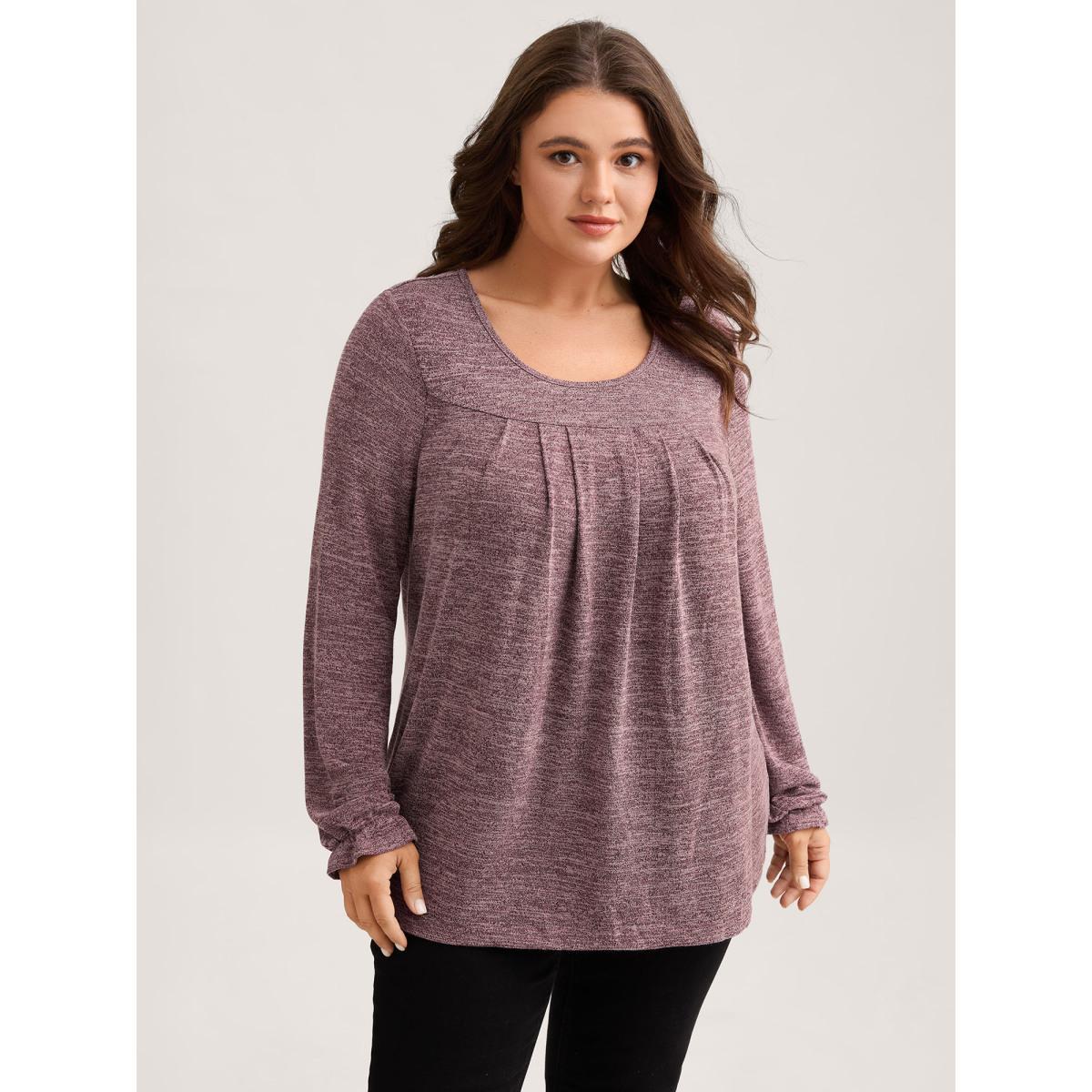 Plus Size Round Neck Heather Pleated T-shirt RedViolet Women Elegant Pleated Round Neck Loose Everyday T-shirts BloomChic 30/6X Product Image