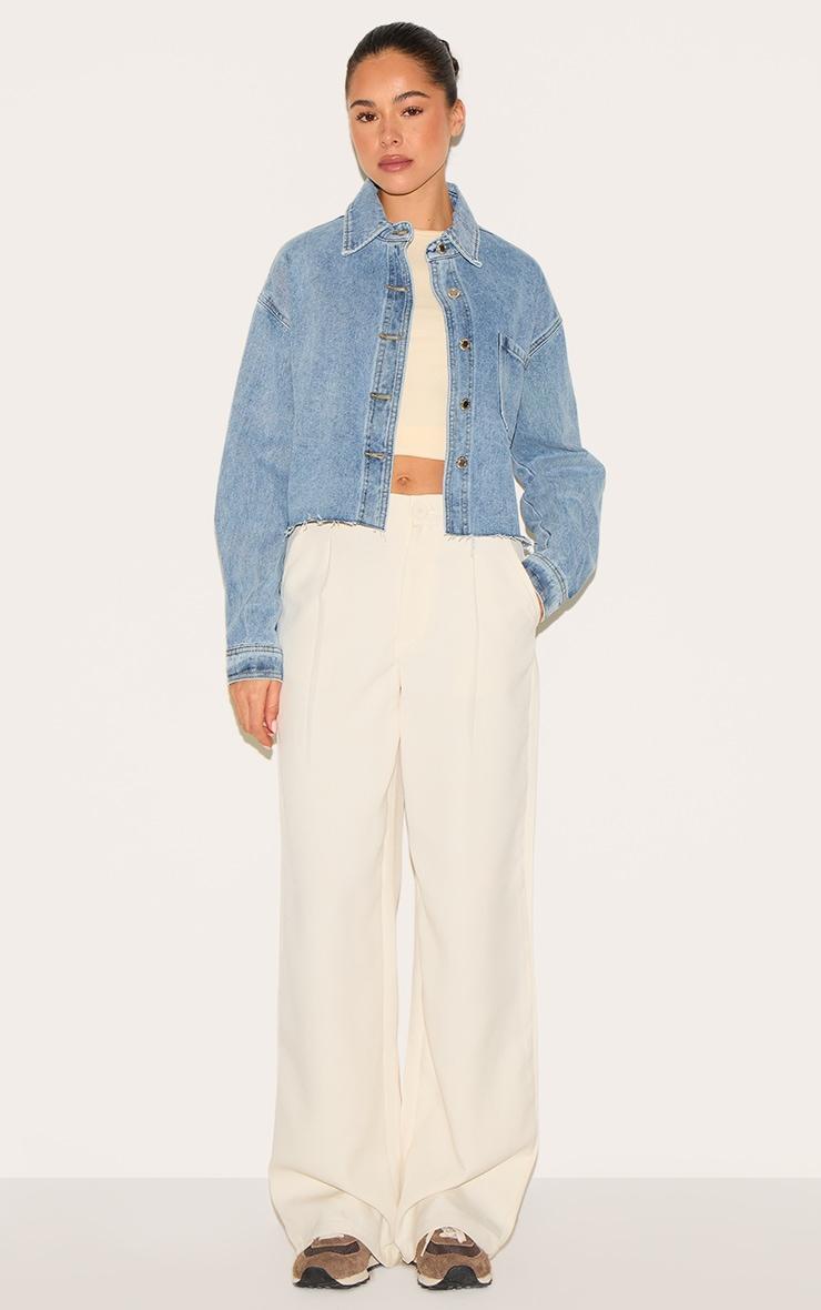 Mid Blue Wash Raw Hem Cropped Denim Shirt Product Image
