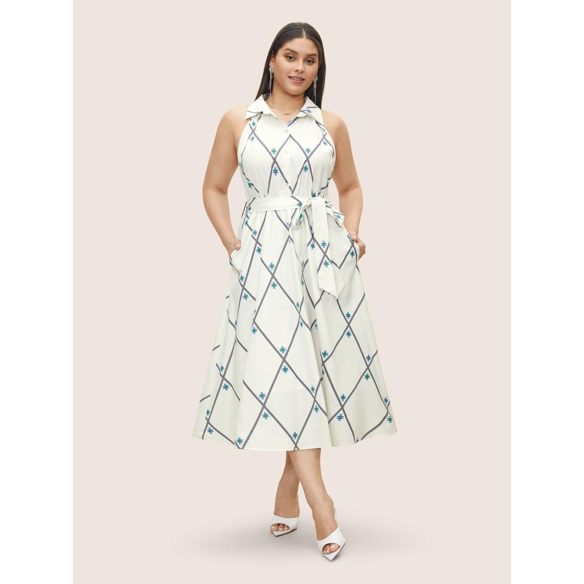 Plus Size Geometric Pocket Shirt Collar Sleeveless Dress Ivory Women At the Office Belted Shirt collar Sleeveless Curvy Midi Dress BloomChic 30/6X Product Image