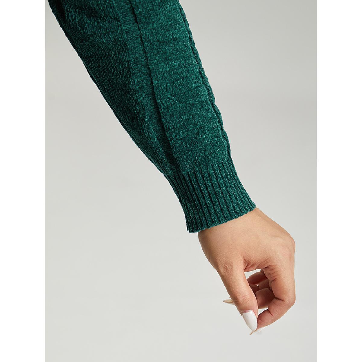Plus Size Christmas Plain Cable Knit V Neck Pullover Emerald Women Casual Loose Long Sleeve V-neck Festival-Christmas Pullovers BloomChic 14-16/1X Product Image