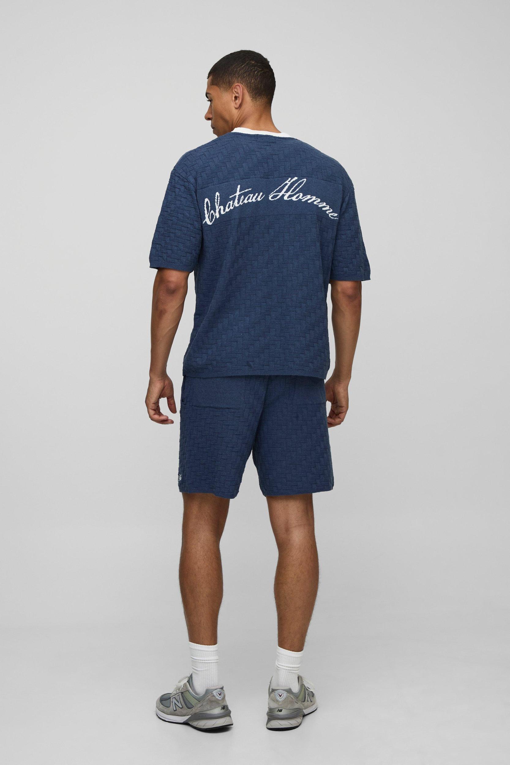 MAN Boxy Embroidered Crosshatch Knitted T-Shirt | boohooMAN USA Product Image