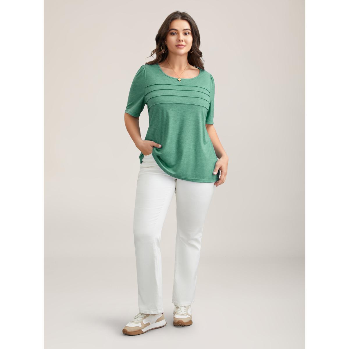 Plus Size Seamed Round Neck Fitted T-Shirt Emerald Women Casual Tucked seam Round Neck Everyday T-shirts BloomChic 18-20/2X Product Image